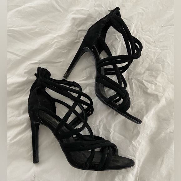 Black Suede Strappy Stiletto Pumps High Heel Sandals - Picture 1 of 3